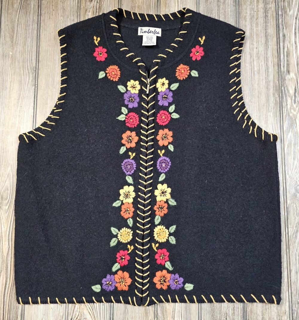 Vintage Timberlea 100 % Wool Vest Black Embroidered Floral Knit Women's Size 2X - Picture 1 of 7